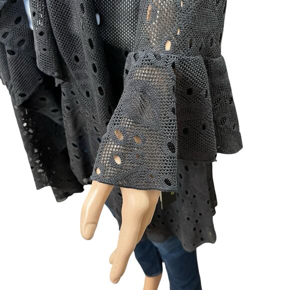 IC By Connie K Open Knit Jacket Large Mid Length Lagenlook Ruffle Bell Sleeve - Picture 4 of 8